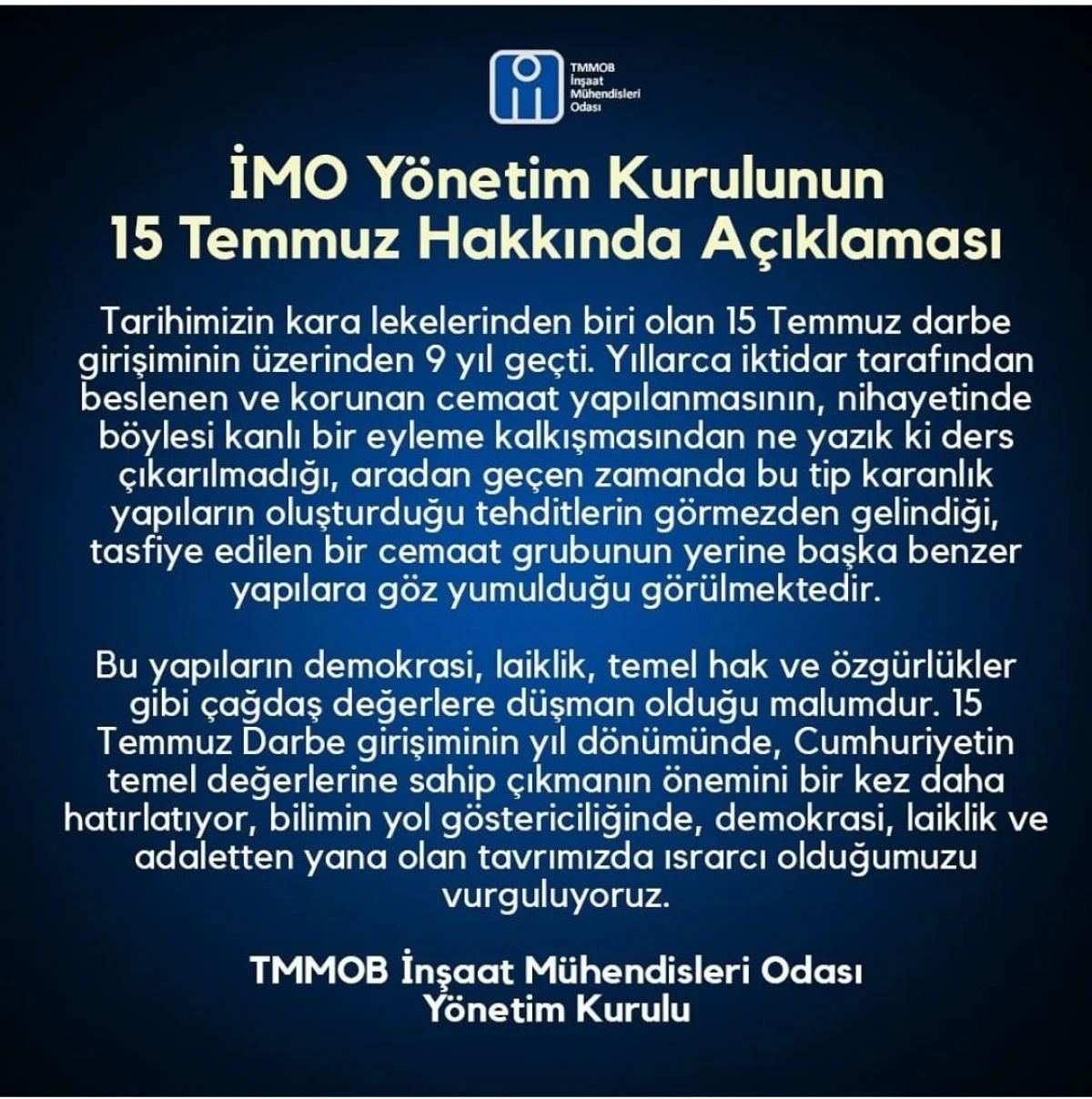 İMÖ Yönetim Kurulunun 15 Temmuz Hakkında Açıklaması 